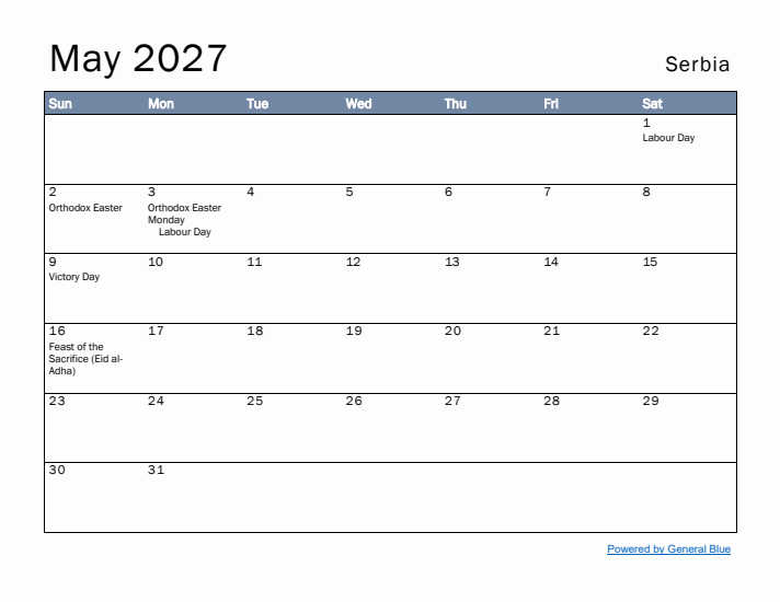 May 2027 Simple Monthly Calendar for Serbia