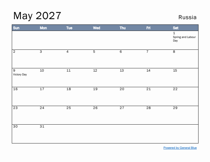 May 2027 Simple Monthly Calendar for Russia