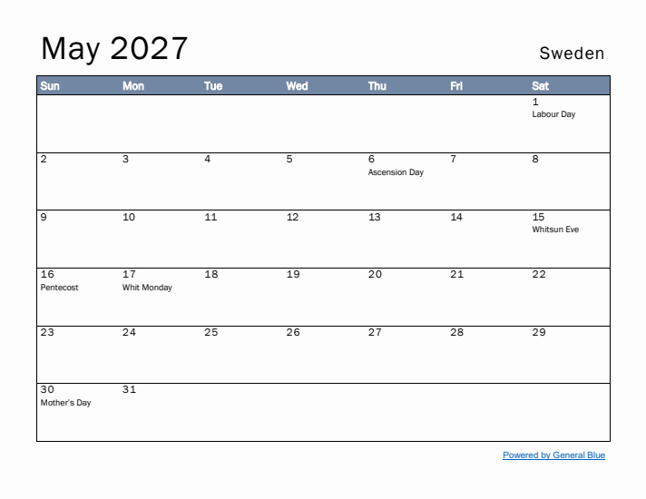 May 2027 Simple Monthly Calendar for Sweden