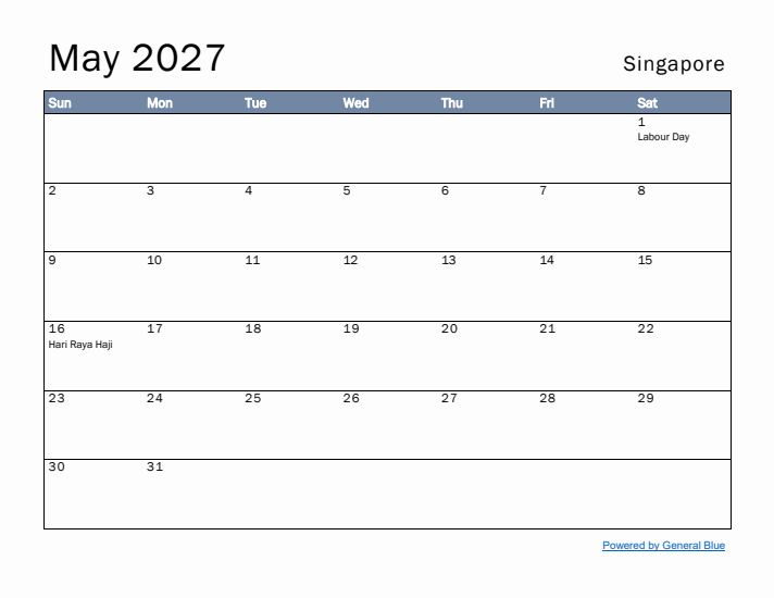 May 2027 Simple Monthly Calendar for Singapore