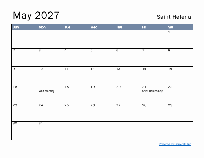 May 2027 Simple Monthly Calendar for Saint Helena