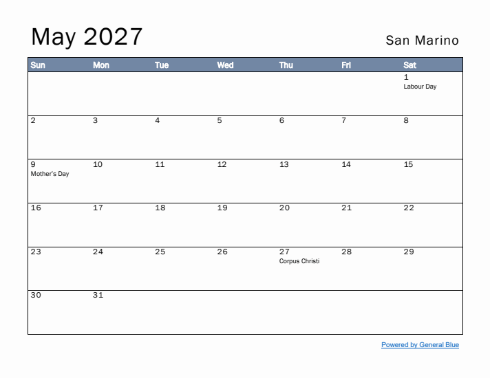 May 2027 Simple Monthly Calendar for San Marino