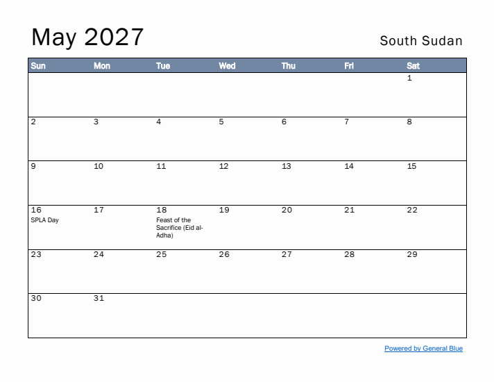 May 2027 Simple Monthly Calendar for South Sudan