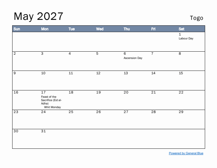 May 2027 Simple Monthly Calendar for Togo