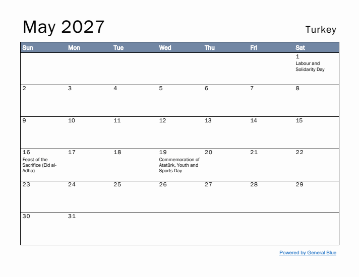 May 2027 Simple Monthly Calendar for Turkey