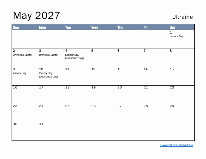 May 2027 Simple Monthly Calendar for Ukraine