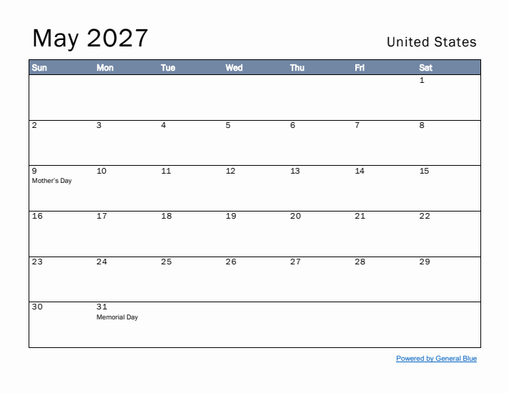 May 2027 Simple Monthly Calendar for United States