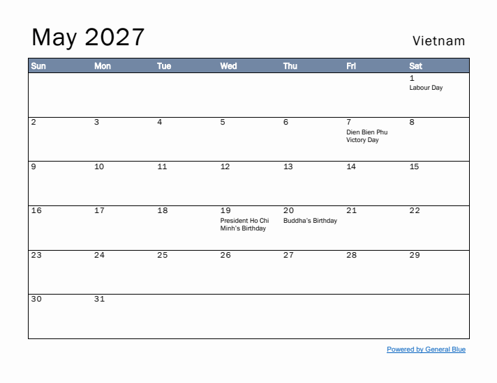 May 2027 Simple Monthly Calendar for Vietnam