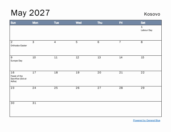 May 2027 Simple Monthly Calendar for Kosovo