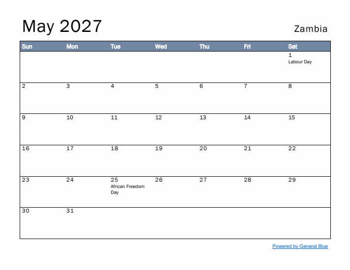 May 2027 Simple Monthly Calendar for Zambia