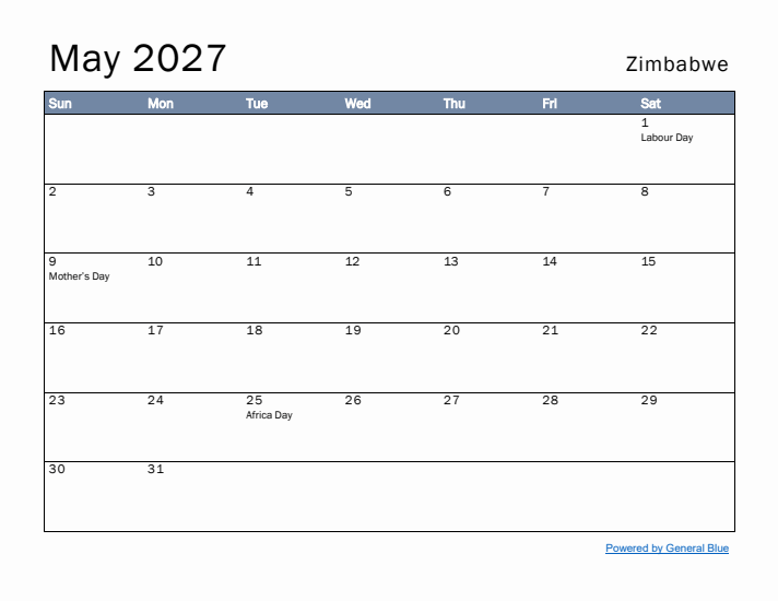 May 2027 Simple Monthly Calendar for Zimbabwe