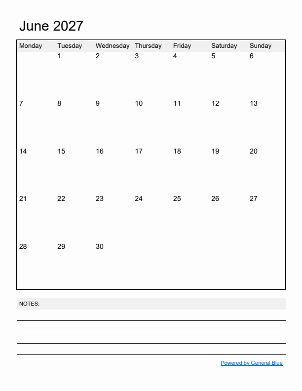 Basic Monthly Calendar Template for June 2027