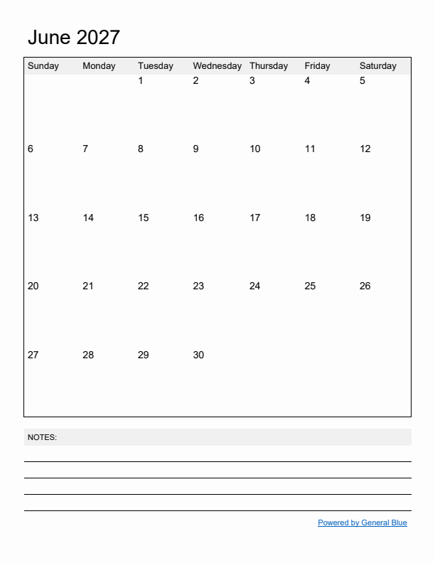 Basic Monthly Calendar Template for June 2027