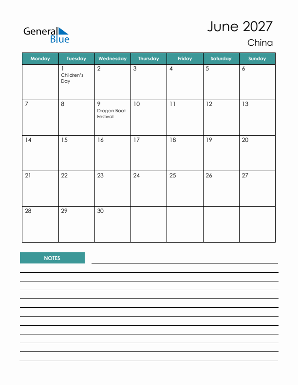 Calendar with Notes Printable - Monday Start