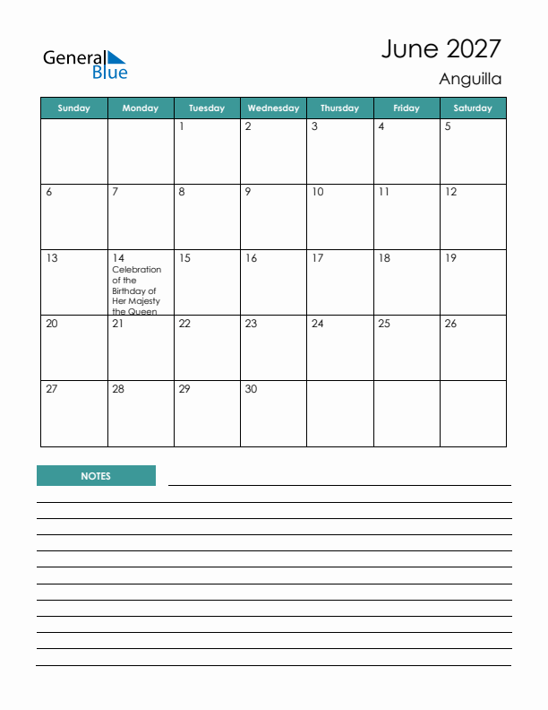 Calendar with Notes Printable - Sunday Start