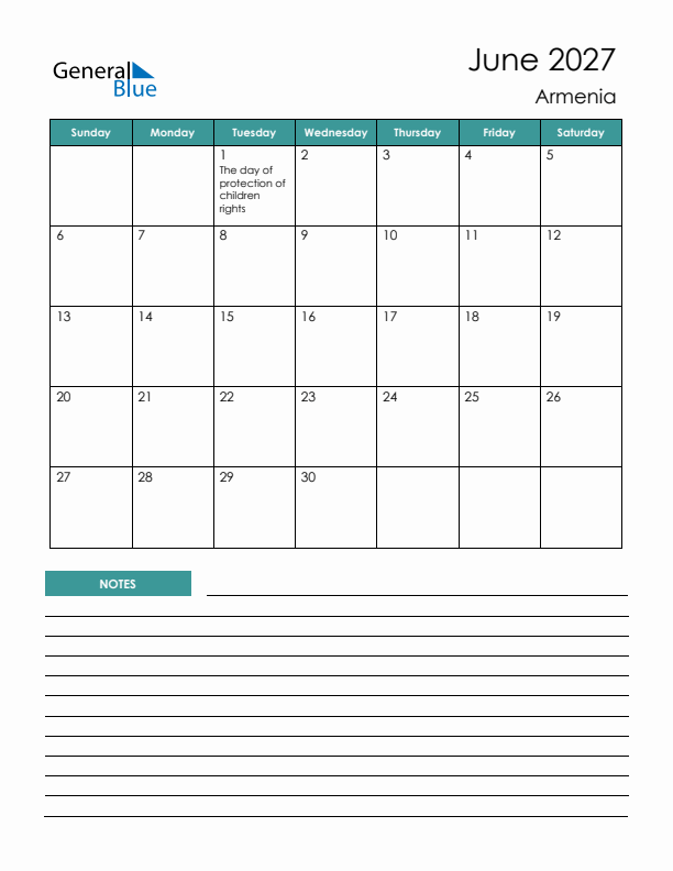 Calendar with Notes Printable - Sunday Start