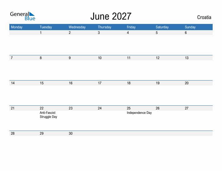 Fillable June 2027 Calendar