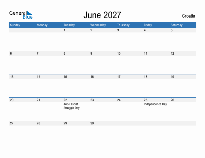 Fillable June 2027 Calendar