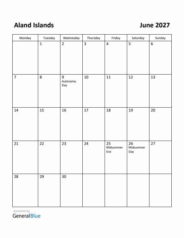 June 2027 Calendar with Aland Islands Holidays