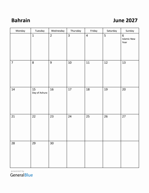 June 2027 Calendar with Bahrain Holidays