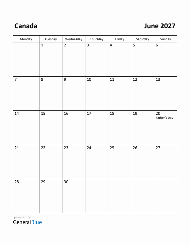 June 2027 Calendar with Canada Holidays