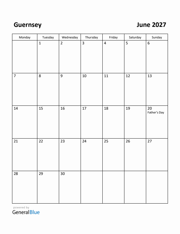 June 2027 Calendar with Guernsey Holidays