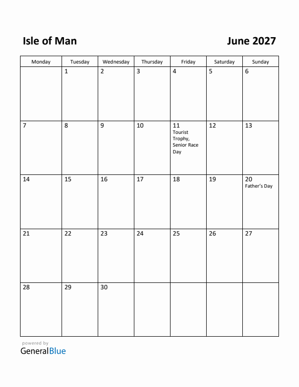 June 2027 Calendar with Isle of Man Holidays