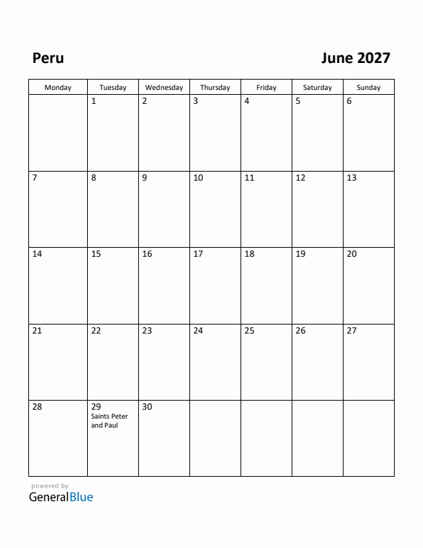 June 2027 Calendar with Peru Holidays