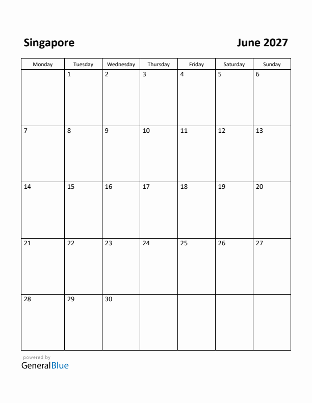 June 2027 Calendar with Singapore Holidays