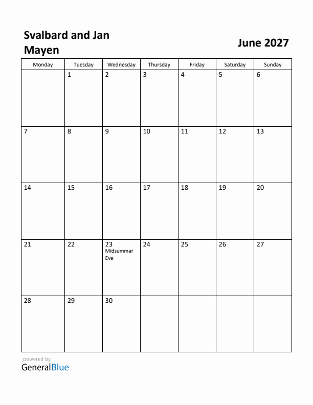 June 2027 Calendar with Svalbard and Jan Mayen Holidays