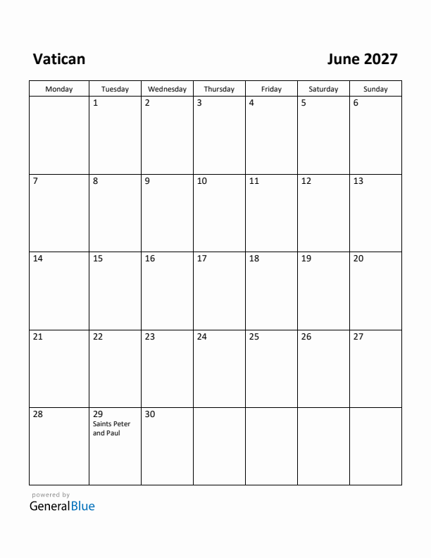 June 2027 Calendar with Vatican Holidays