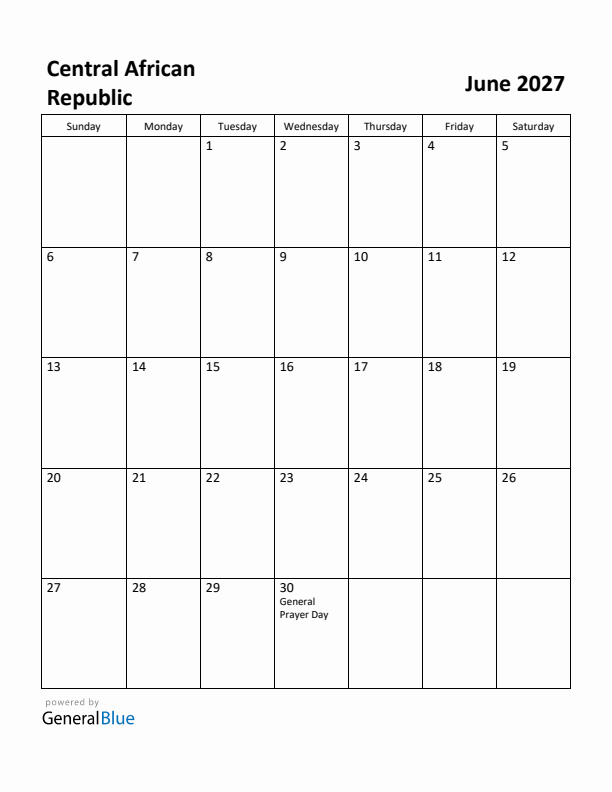 June 2027 Calendar with Central African Republic Holidays