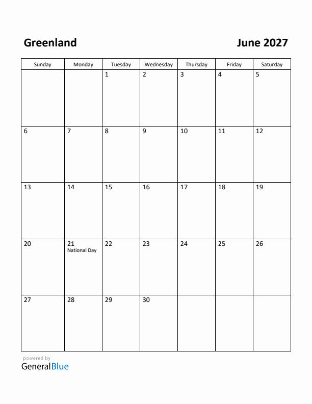 June 2027 Calendar with Greenland Holidays