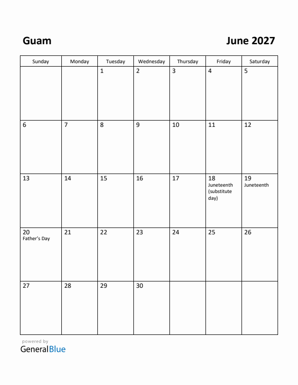 June 2027 Calendar with Guam Holidays