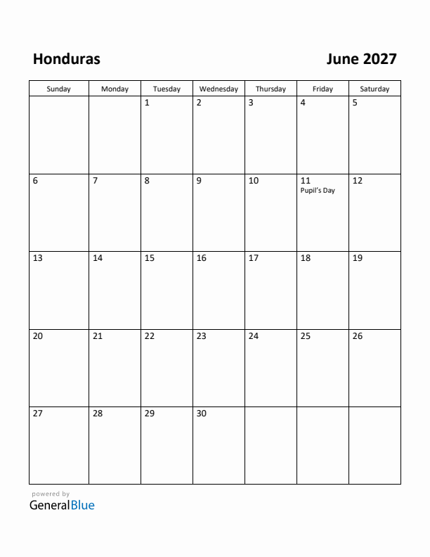 June 2027 Calendar with Honduras Holidays