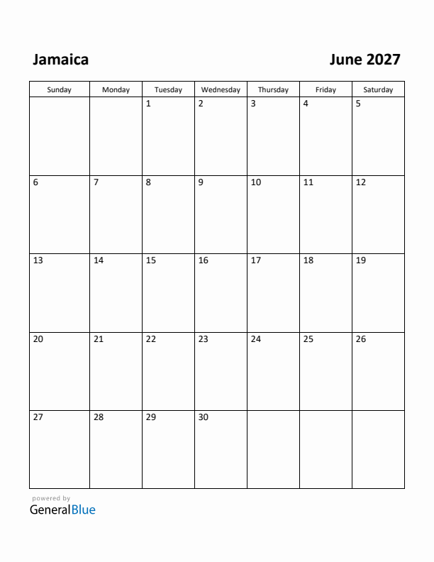 June 2027 Calendar with Jamaica Holidays