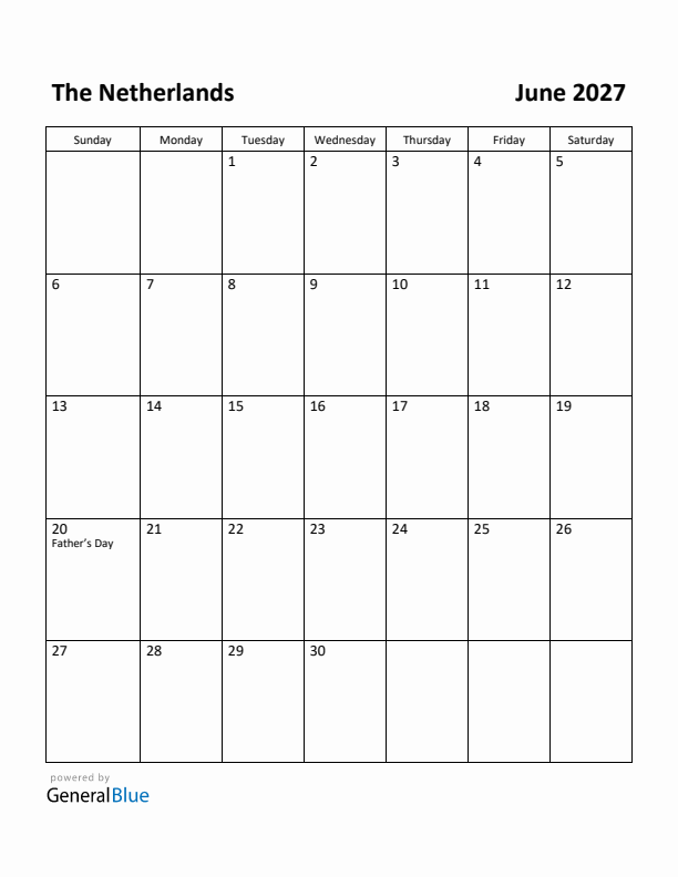 June 2027 Calendar with The Netherlands Holidays