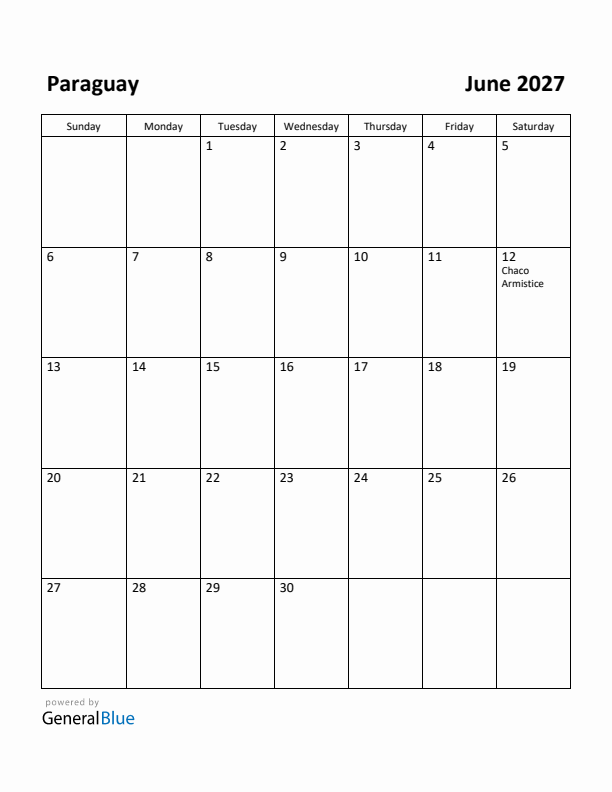 June 2027 Calendar with Paraguay Holidays