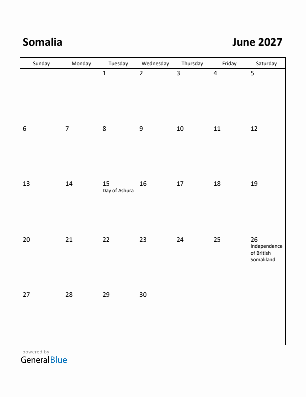 June 2027 Calendar with Somalia Holidays