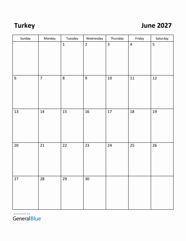 June 2027 Calendar with Turkey Holidays