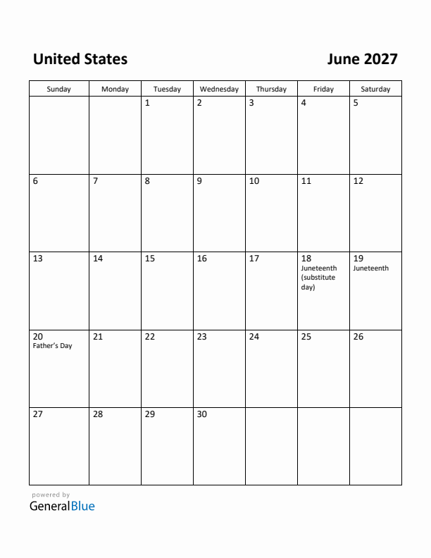 June 2027 Calendar with United States Holidays