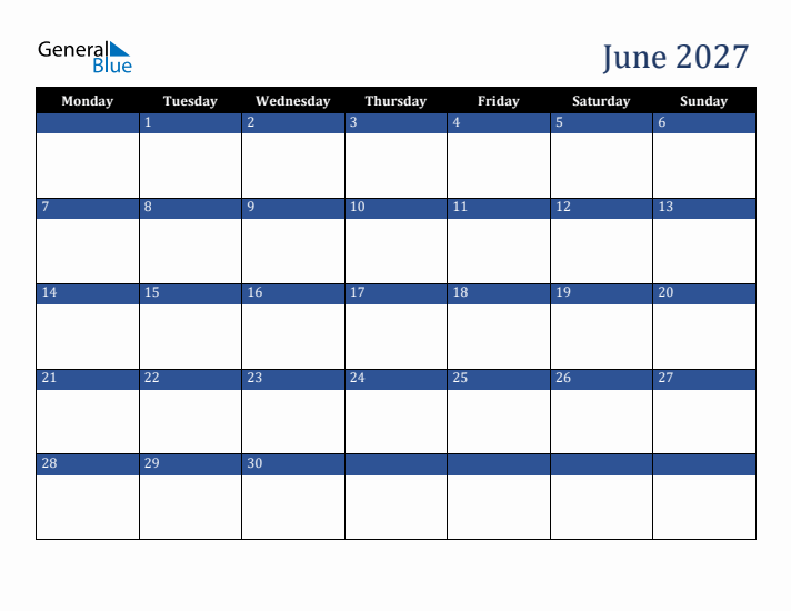 Monday Start Calendar for June 2027