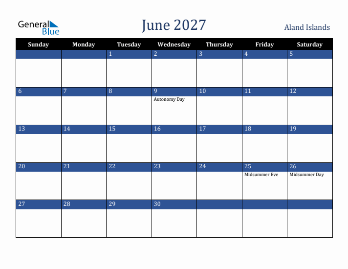 June 2027 Aland Islands Calendar (Sunday Start)