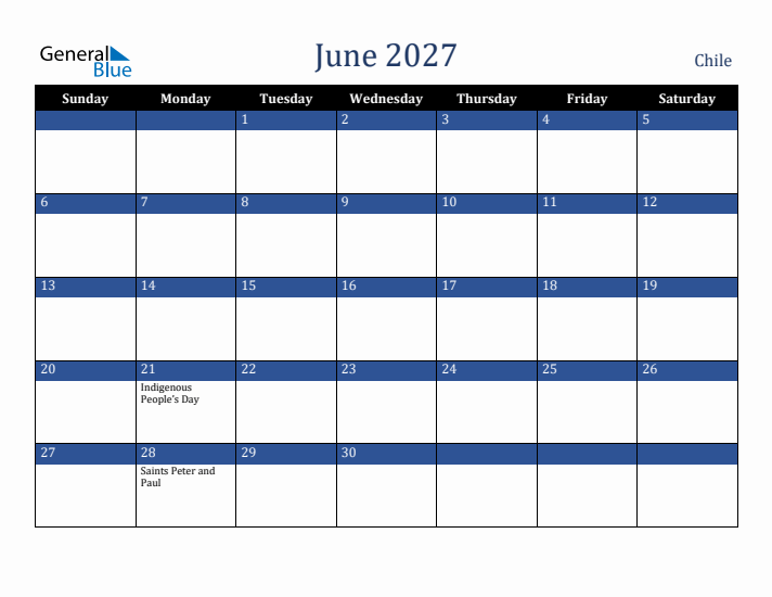 June 2027 Chile Calendar (Sunday Start)