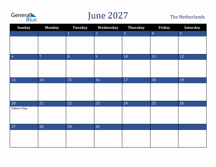 June 2027 The Netherlands Calendar (Sunday Start)