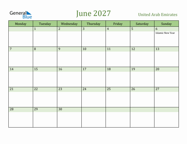 June 2027 Calendar with United Arab Emirates Holidays