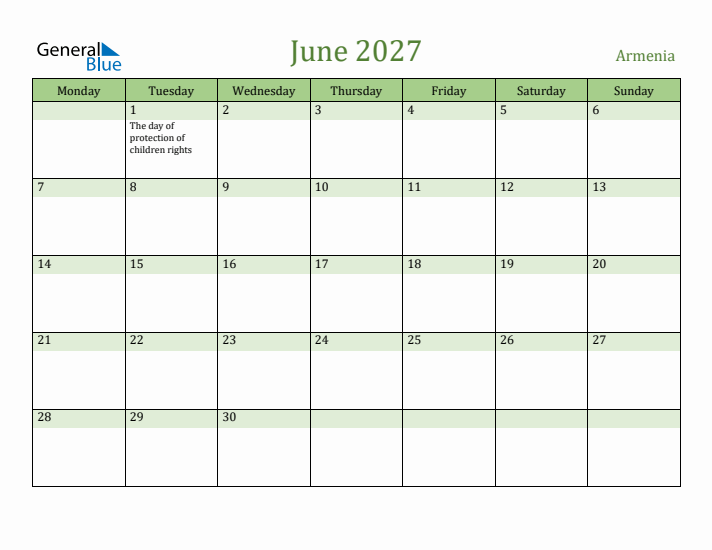 June 2027 Calendar with Armenia Holidays