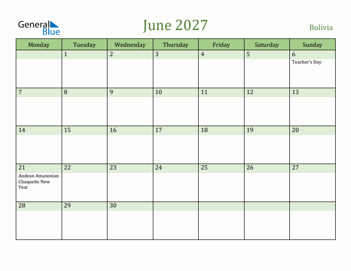 June 2027 Calendar with Bolivia Holidays