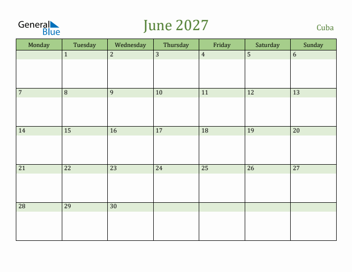 June 2027 Calendar with Cuba Holidays