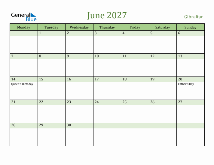 June 2027 Calendar with Gibraltar Holidays